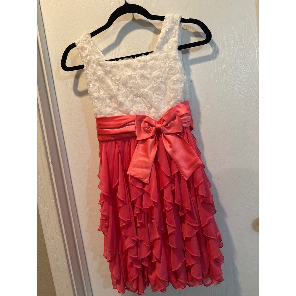 Rare Editions Girls Rosette Ruffle Party Dress White Coral Pink Size 14 E489955A